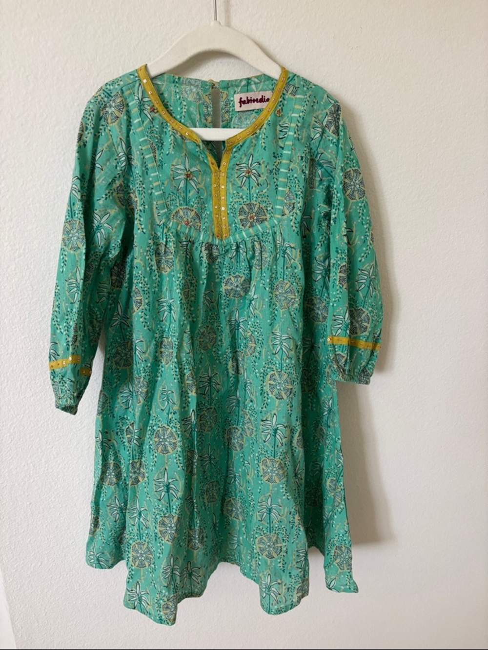 fabindia Turquoise Green Printed Girls Dress with Yellow Trim